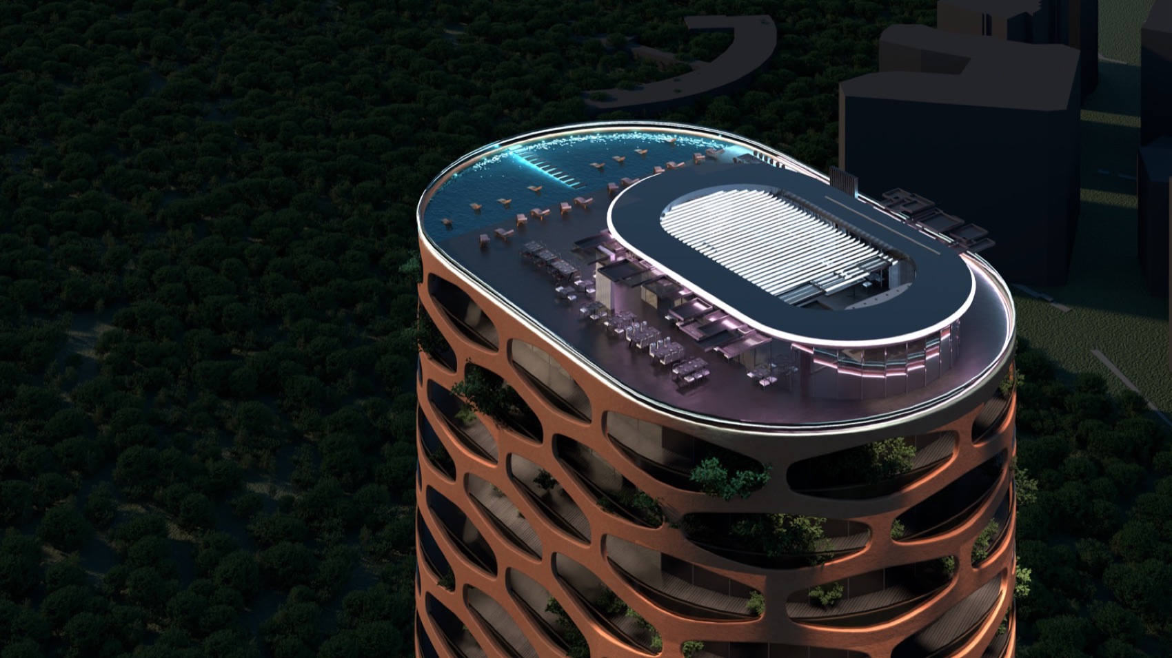Aerial view of the rooftop crown